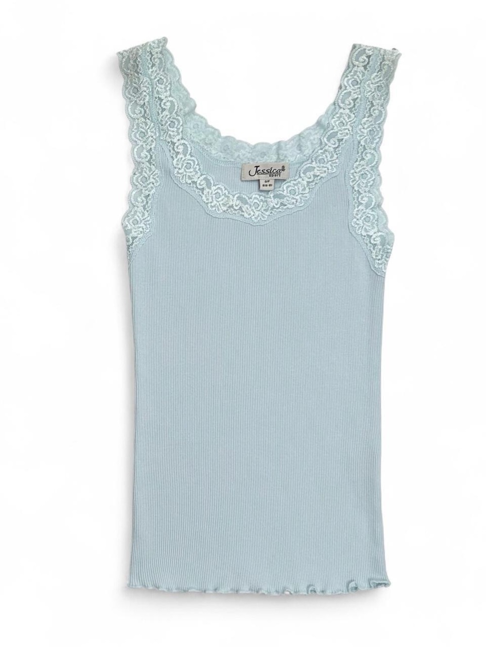 Vintage 90s Jessica Lace Trim Ribbed Light Blue Tank Top